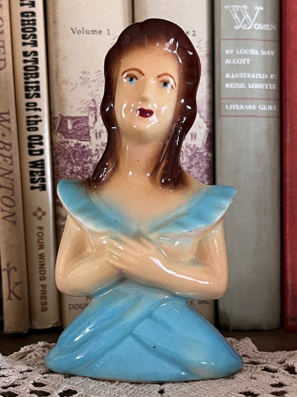 Rare Victorian Lady Cake Topper - Lady Head Bust Figurine Blue Dress